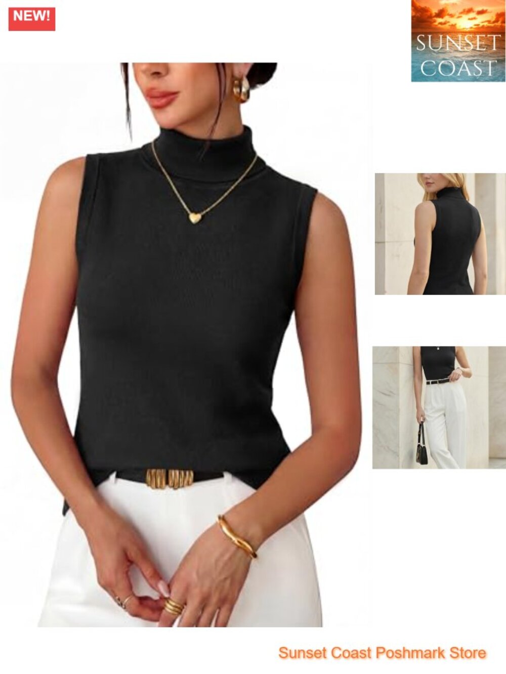 Wool Blend Slim Fit Turtleneck Tank Top Sleeveless Fall Layering Women